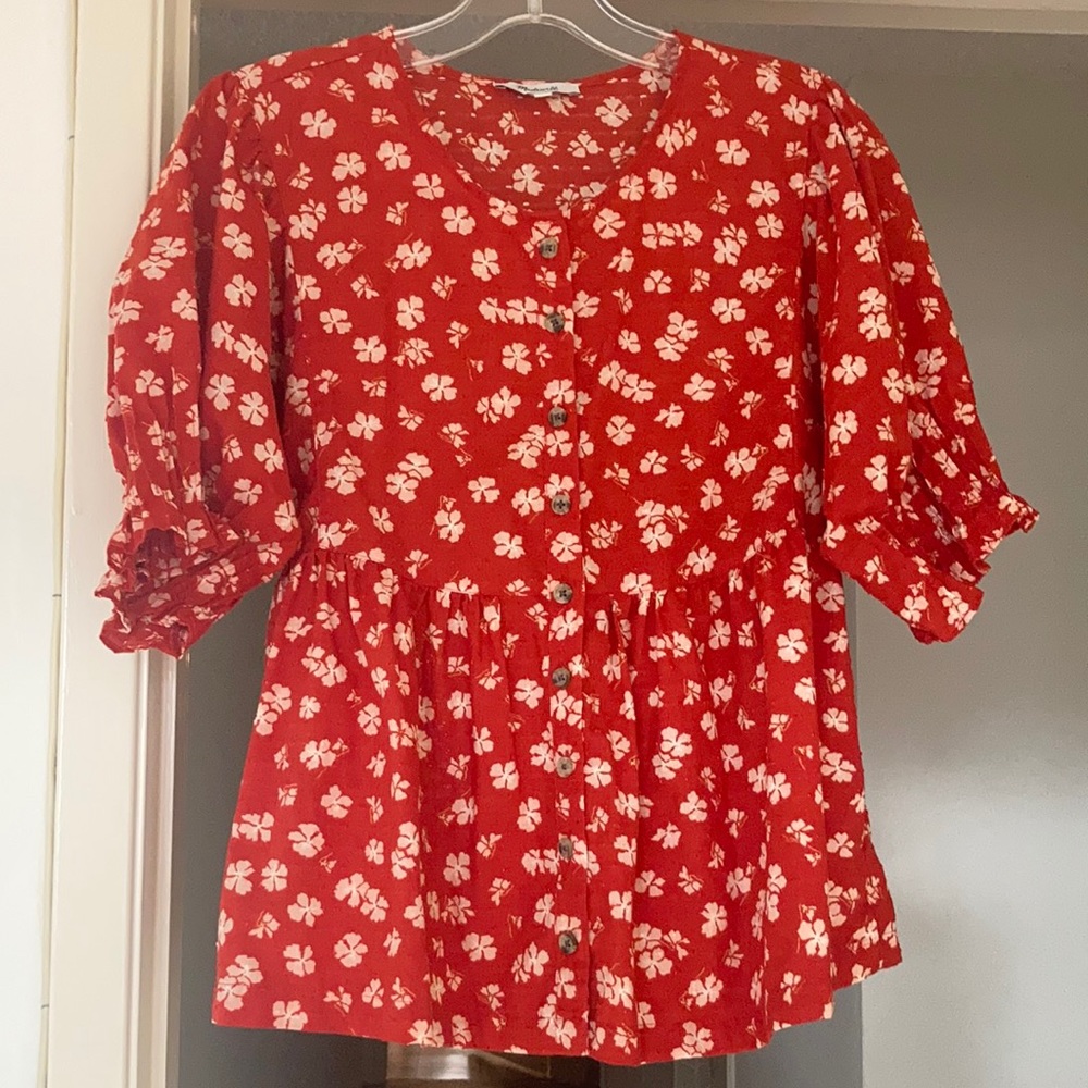 Madewell short-sleeve red floral blouse,size small